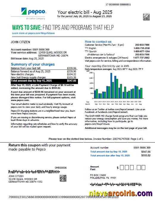 USA Pepco utility bill, version 2